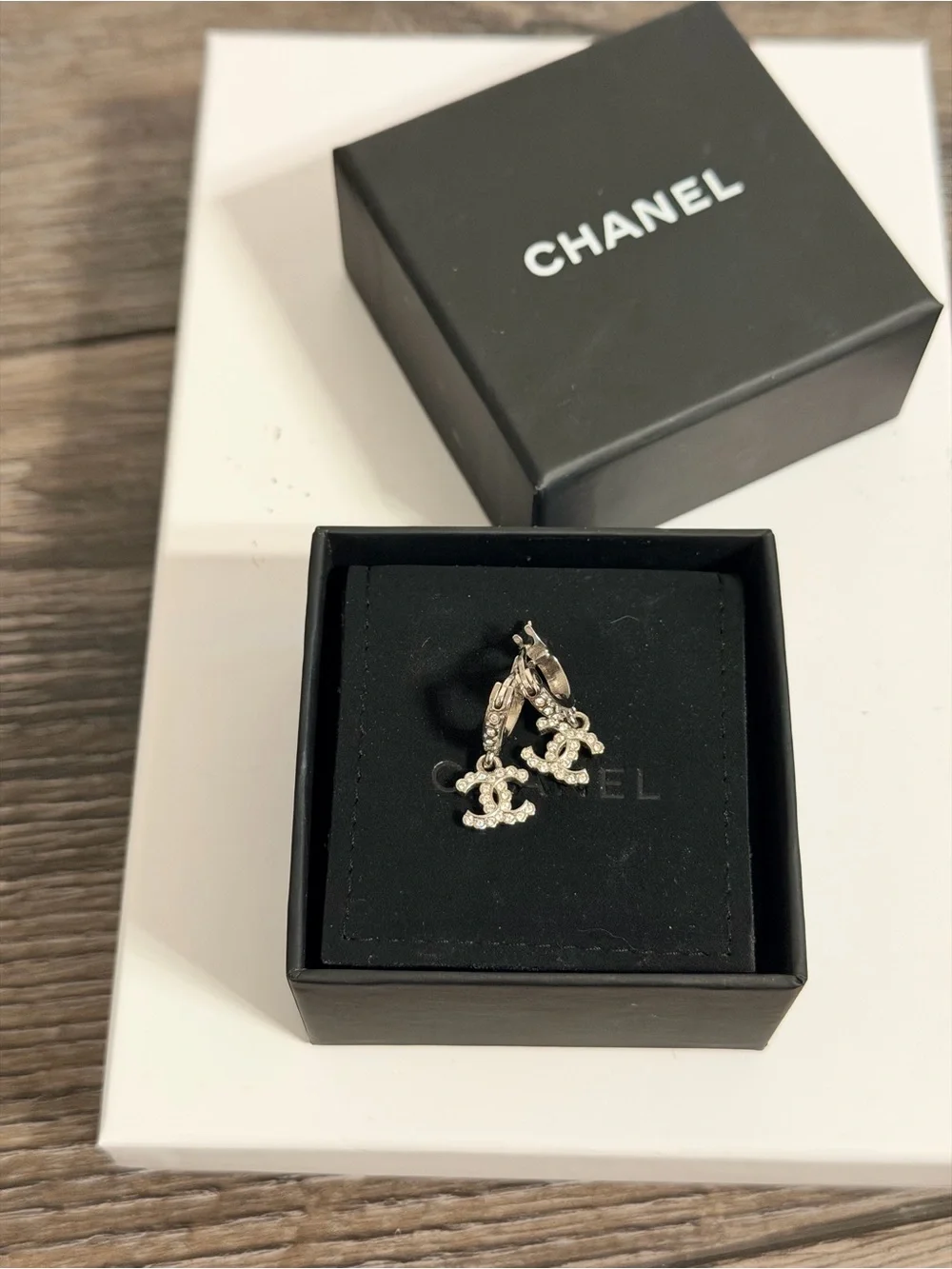CHANEL Silver Crystal CC Dangle Earrings